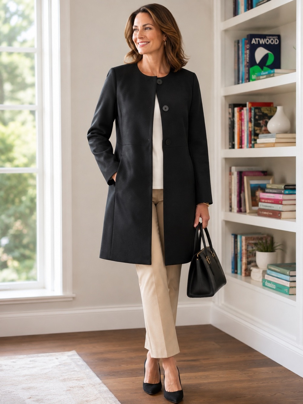 Talbots button front black mid weight coat size 6